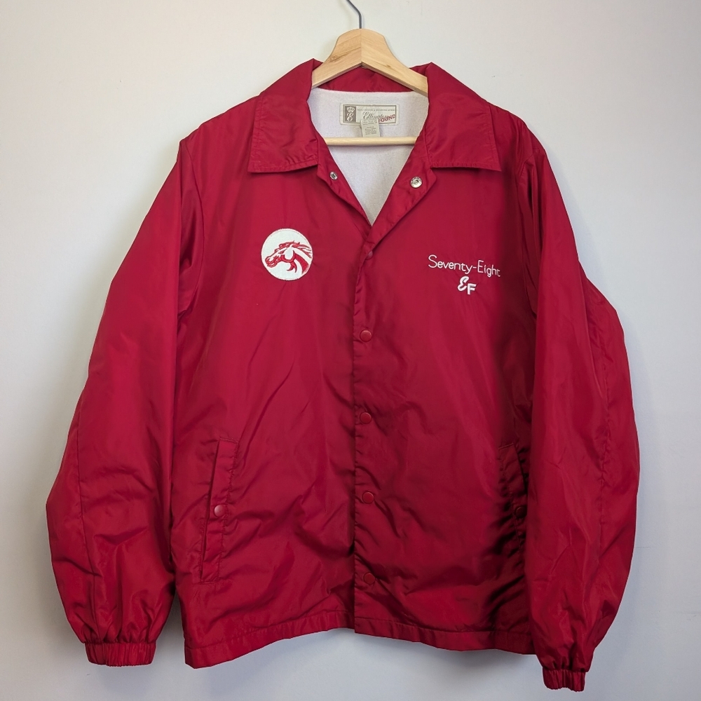 Y2K Nylon Windbreaker Varsity Jacket Fighting Horseman Mens Small Red Snap